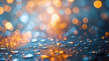 Poster - Water droplets on a surface with blurred orange and blue bokeh lights in the background creating a vibrant abstract effect