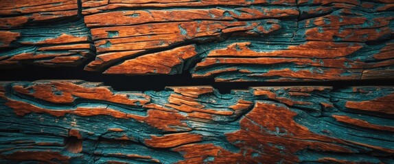 Poster - Old weathered wooden surface with blue and orange paint peeling off revealing grain texture and patterns