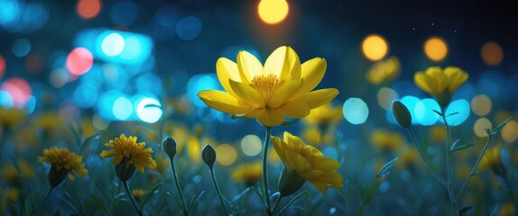 Poster - Yellow flowers in a field with bokeh lights in the background at night creating a vibrant and colorful scene