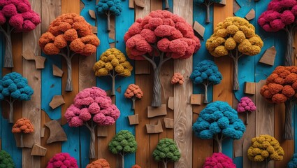Poster - Colorful decorative trees against a wooden wall background with vibrant textures and shapes in various sizes and hues