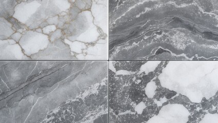 Poster - Gray marble tiles with various textures and patterns, featuring white and dark gray colors, ideal for interior design applications.