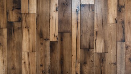 Poster - Wooden floor texture with varying shades of brown and distinct grain patterns, flat lay view of hardwood planks arranged randomly