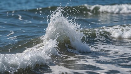 Poster - Close-up view of ocean waves crashing on the shore with splashes of water in a clear blue sea environment