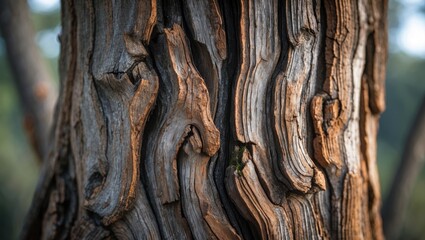 Poster - Close-up of textured tree bark showcasing intricate patterns and natural wood grain under soft lighting in an outdoor setting.