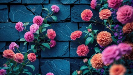 Poster - Colorful roses in shades of pink and orange against a dark slate stone wall background with green leaves.