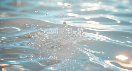 Poster - Water droplets splashing on the surface of calm water creating ripples and reflections with a soft focus background