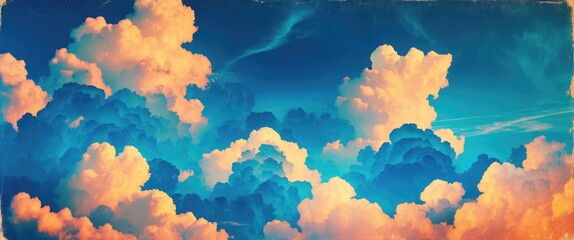 Poster - colorful cloud formations in a blue sky during sunset with vibrant orange and white hues in a panora