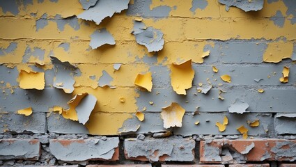 Poster - Peeling paint on a weathered brick wall showcasing layers of yellow and gray colors with exposed brick textures and debris