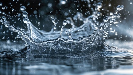 Poster - Water splash with droplets creating a circular wave pattern in a calm body of water under natural lighting conditions