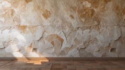 Fototapete - Textured wall with natural light casting shadows on a rustic stone surface and tiled floor in an empty interior space