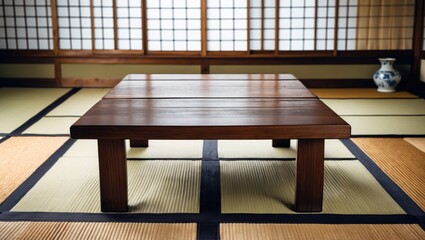 Poster - Wooden low table in traditional Japanese tatami room with sliding shoji windows and minimal decorative elements