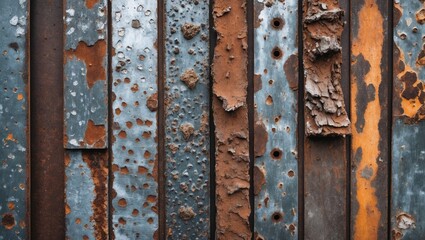 Poster - Abstract composition of weathered metal sheets in various colors and textures displaying rust, corrosion, and industrial aesthetics.