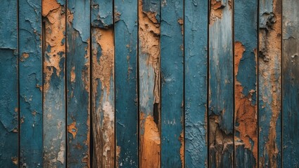 Poster - weathered wooden planks with peeling blue paint and exposed orange wood background texture