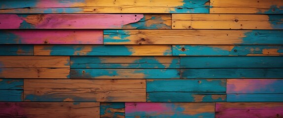 Poster - Colorful distressed wooden wall with blue, pink, and yellow planks in an abstract pattern suitable for backgrounds and textures.