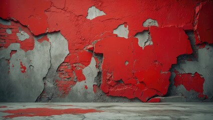 Poster - Weathered red and gray textured wall with peeling paint and exposed brick surface creating a rustic urban background.