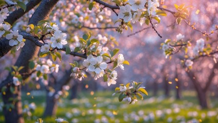 Poster - Blossoming cherry trees in spring with white flowers against a soft focus background of a green field and pink-hued light