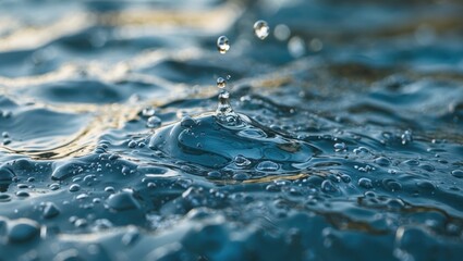 Poster - Close-up view of water droplets splashing on the surface of rippling water with bubbles reflecting light in a natural setting.