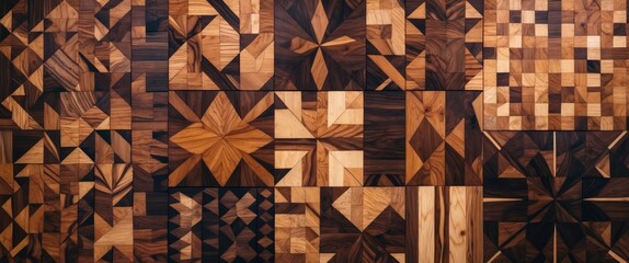 Poster - Wooden geometric patterns collage with various shades and textures of wood, decorative wall art design.