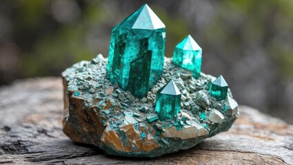 Poster - Green crystal cluster on natural rock formation with refraction and light reflection features. Geology and mineral photography.