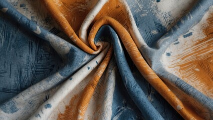 Fototapete - Abstract fabric texture in blue and orange with a spiral pattern showcasing a blend of colors and brushstroke designs.