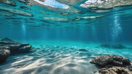 Poster - underwater scene with clear turquoise water, sandy seabed, and rocky formations illuminated by sunli