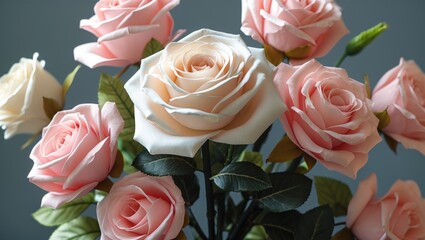 Poster - pink roses bouquet with soft petals and green leaves arranged against a neutral background