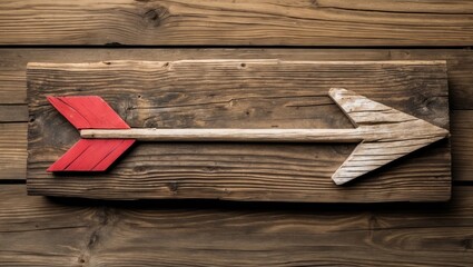 Poster - Wooden arrow decoration on rustic wooden background with red and natural wood colors detailed design
