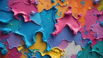 Poster - Abstract colorful paint texture with vibrant splashes and strokes in various shades of blue, pink, yellow, and orange on a flat surface.