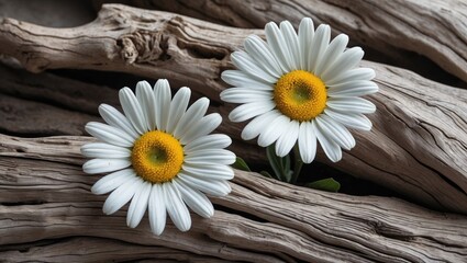 Poster - Two white daisies with yellow centers placed on textured driftwood in natural light