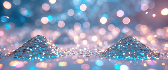 Poster - Colorful glitter piles with blurred bokeh background in shades of blue and pink representing a festive or celebratory theme