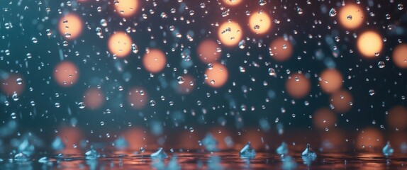Poster - Abstract close-up of raindrops on glass with blurred colorful bokeh lights in the background creating a moody atmosphere.