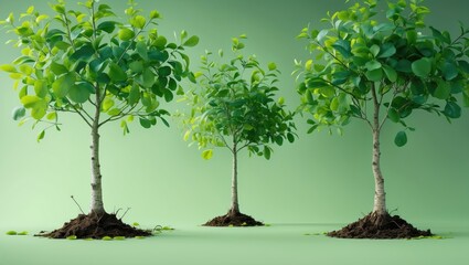 Poster - three small trees with green leaves on a green background showcasing nature and growth in a minimalist style
