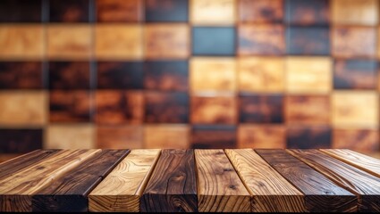Poster - Wooden table surface with a blurred background of wooden wall panels in varying shades of brown and black tones.
