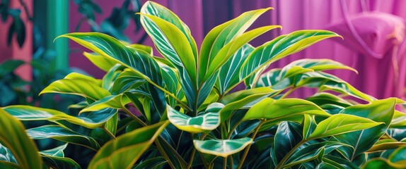 Poster - Tropical green plant leaves with vibrant yellow stripe patterns against a colorful background indoors
