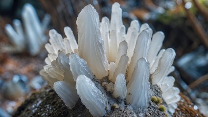 Poster - White crystalline mineral formations emerging from a rocky surface in a natural setting with blurred background elements