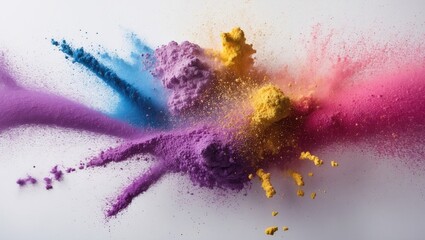 Poster - Colorful powder explosion with pink, blue, yellow and purple pigments creating dynamic patterns on a white background