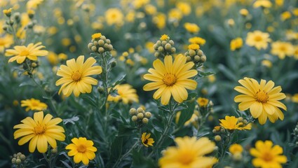 Poster - vibrant field of yellow daisies with green foliage under soft natural lighting