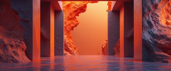 Fototapete - Abstract modern digital landscape with geometric structures and vibrant orange hues reflecting on water surface.