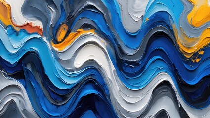 Leinwandbilder - Colorful abstract oil paint texture with flowing waves in shades of blue, gray, white, and orange on a canvas background