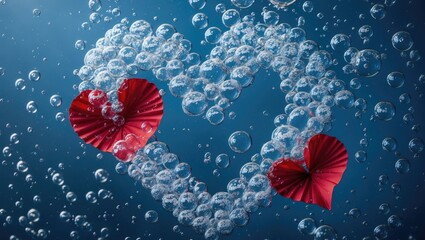 Poster - Bubbles forming a heart shape with red paper hearts on a blue background in underwater scene