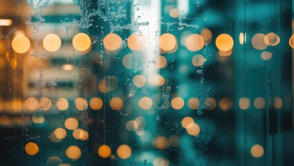 Poster - Blurred cityscape through a wet glass window with colorful bokeh lights in soft focus background at night time