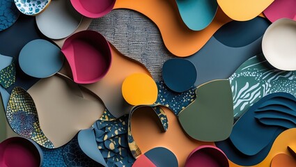 Fototapete - Colorful abstract background with curved paper shapes in various textures and vibrant hues of blue, orange, green, pink, and yellow.