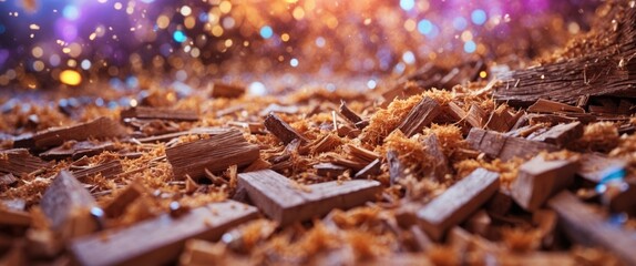 Poster - Wood shavings and small wooden pieces scattered on a surface with soft bokeh lights in the background ÑÐ¾Ð·Ð´Ð°Ð½Ð¸Ñ Ð°Ñ‚Ð¼Ð¾ÑÑ„ÐµÑ€Ñ‹ Ð¼Ð°ÑÑ‚ÐµÑ€ÑÐºÐ¾Ð¹ Ð¸Ð»Ð¸ Ñ€ÐµÐ¼Ð¾Ð½Ñ‚Ð°.