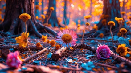 Poster - vibrant forest scene with various colorful flowers and tree trunks in warm and cool lighting during 