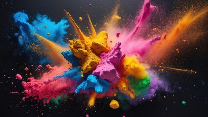 Poster - Colorful explosion of powder pigments in various shades of blue, yellow, pink, and green against a dark background