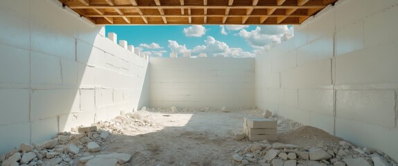 Poster - Interior view of an unfinished construction site with white walls and piles of rubble under a wooden ceiling and cloudy blue sky.