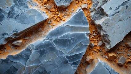 Poster - Gray quartzite rock slabs scattered on orange soil background with small stone fragments visible.