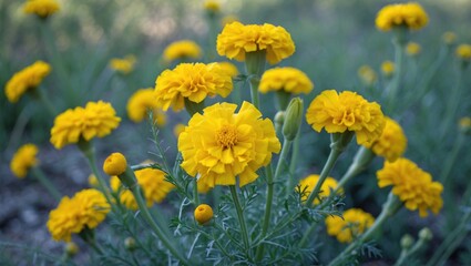 Poster - Yellow marigold flowers blooming in a garden with green foliage and blurred background in natural light