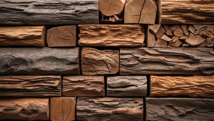 Poster - Textured arrangement of various types of wood logs in different colors and shapes placed on a dark background.