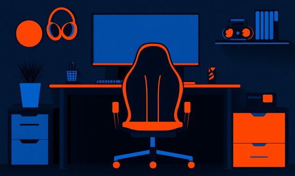 Dark gaming room setup with computer and chair.